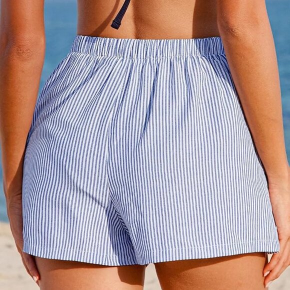 NWT SZ L CUPSHE Shorts Striped Elastic High Waist Wide Leg Cover Ups Boxer - Picture 2 of 2